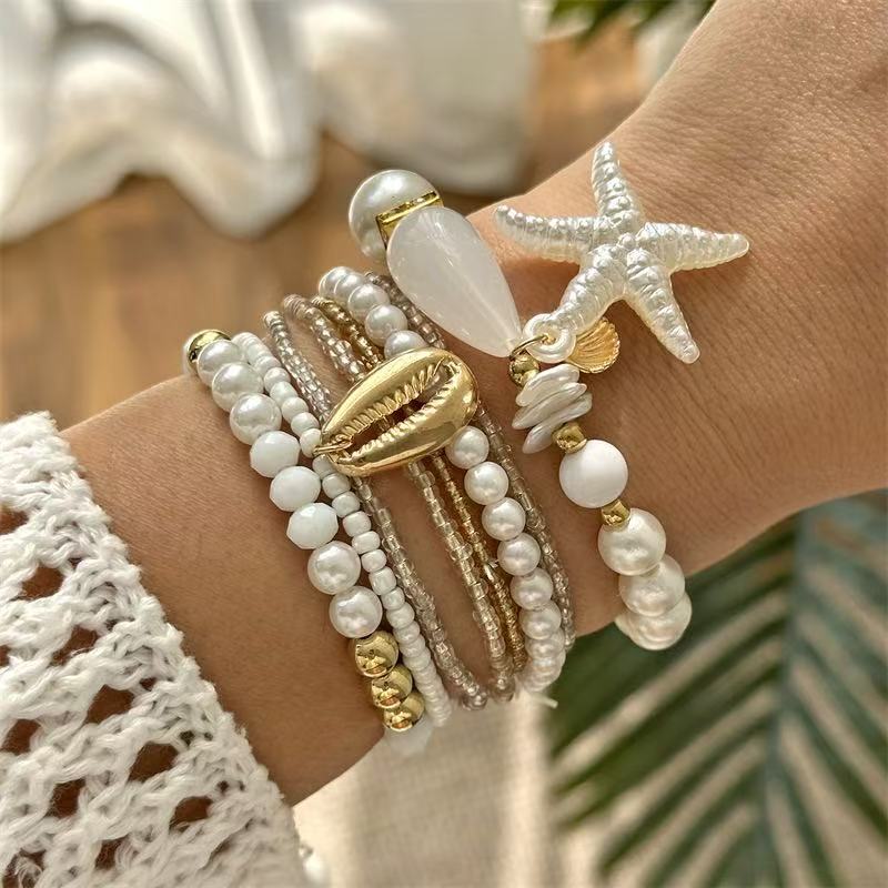 Bohemian Star Alloy Bracelet with Pearl and Shell Elements for Women