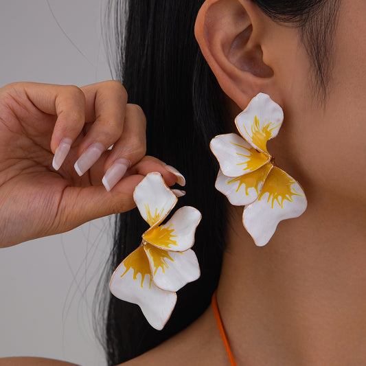 Rustic Floral Enamel Irregular Petal Stud Earrings for Women with Stainless Steel Posts