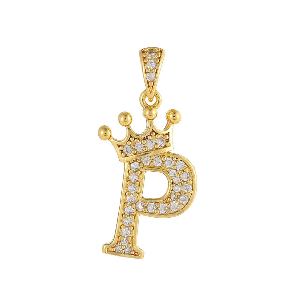 Gold Plated Brass Crown Letter Charm Bar with Cubic Zirconia for DIY Necklace Bracelet