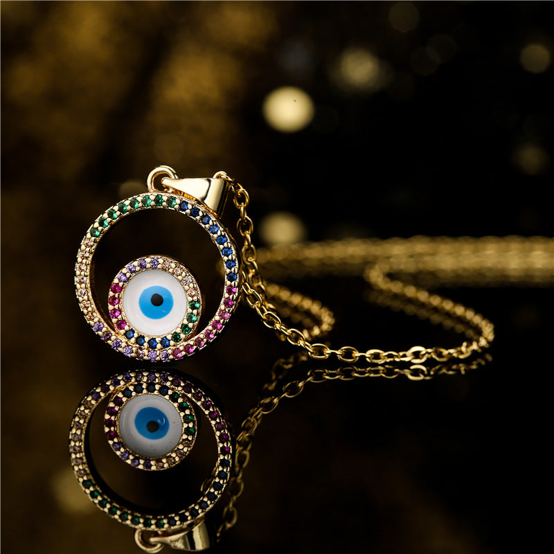 Round Brass Evil Eye Drip Oil Necklace with Micro-inlaid Cubic Zirconia for Women