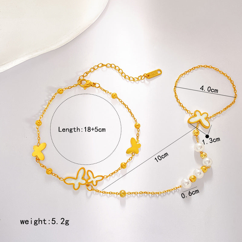 Matte Gold Plated Titanium Steel Butterfly Bead Hand Chain Ring