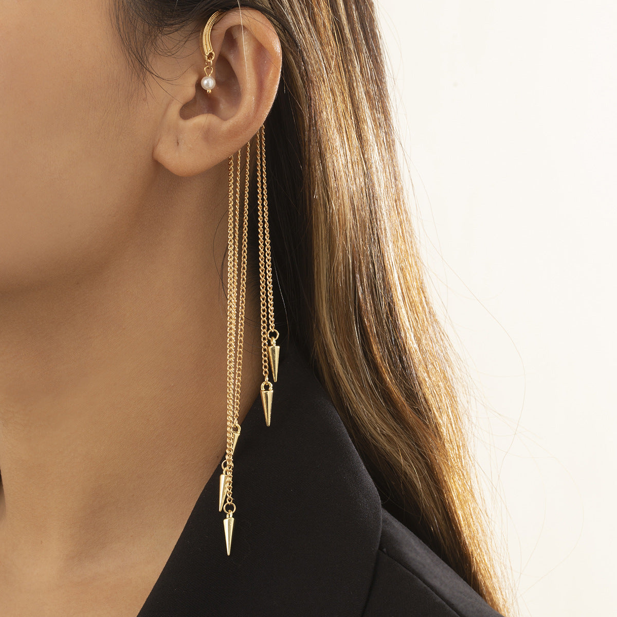 Sweet Geometric Alloy Plated Pearl Tassel Ear Cuff for Women