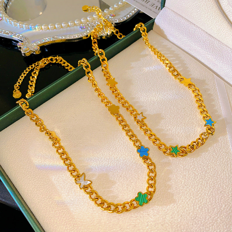 Luxury Cuban Link Chain Titanium Steel Star Necklace Plated Unisex Jewelry