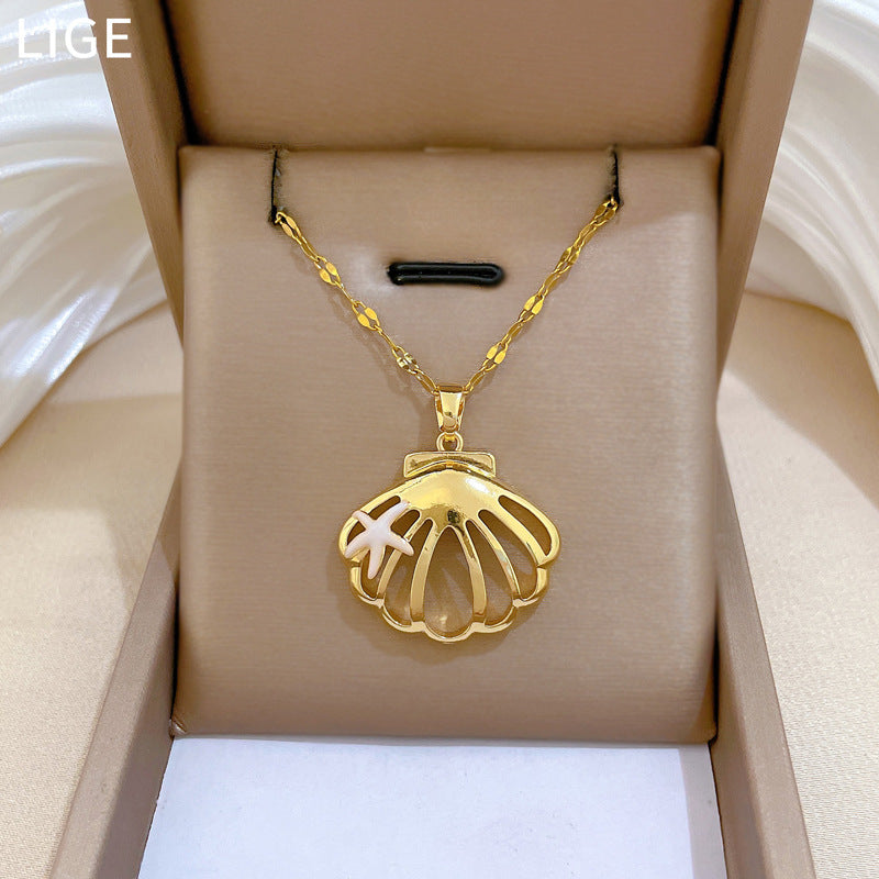 Sweet Minimalist Hollow Shell Moon Drip Oil Rhinestone Titanium Steel Necklace Set for Unisex