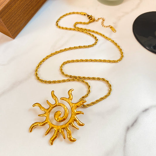 Vintage Hollow Sun Totem Titanium Steel Necklace with Rope Chain