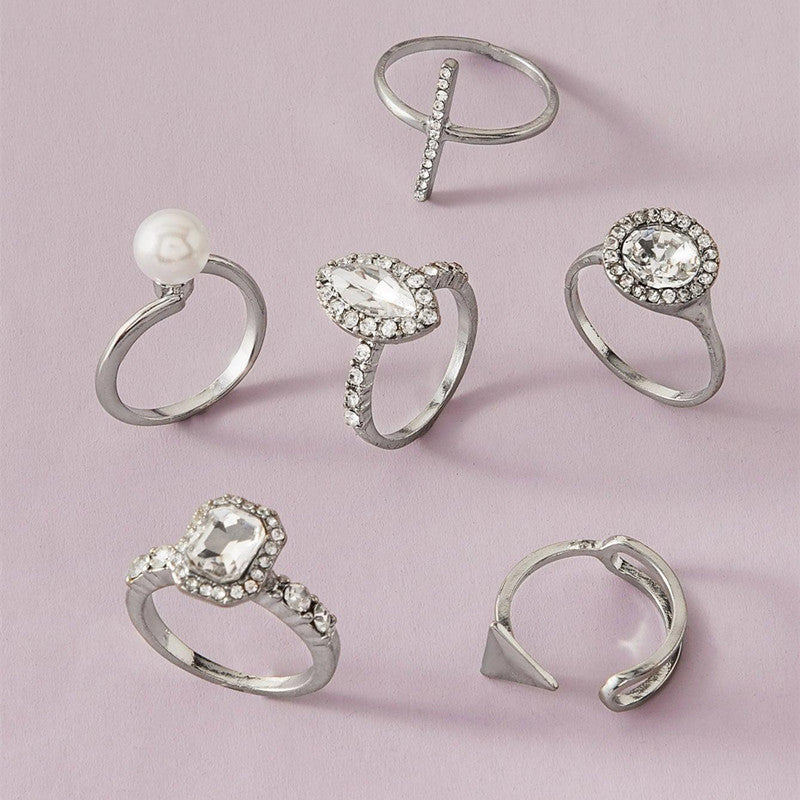Elegant Fashion Geometric Alloy Ring Set with Pearl and Rhinestone Inlay for Women