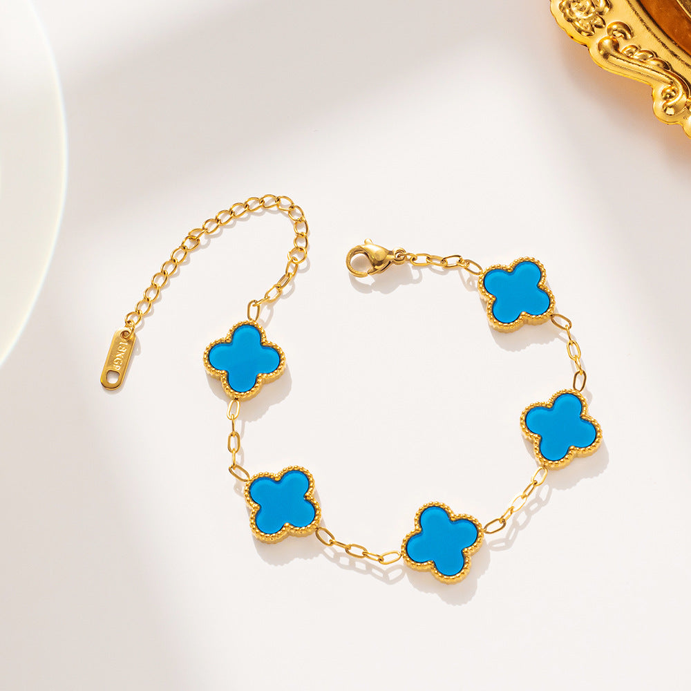 Luxury Geometric Four-Leaf Clover Bracelet 18K Gold Plated Titanium Steel Five-Color Double-Sided Women
