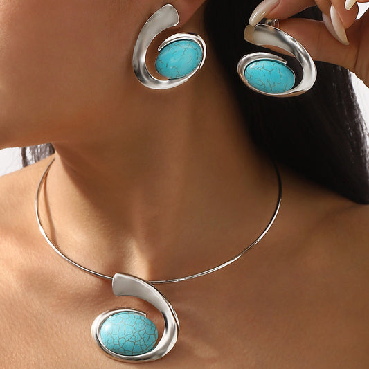 Bohemian Geometric Turquoise Pendant Necklace Set with Earrings Electroplated Iron Jewelry
