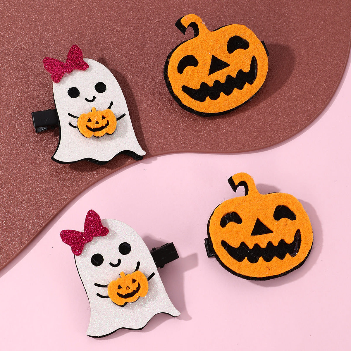 Halloween Ghost and Pumpkin Shaped Metal Hair Clips for Kids with Geometric Design, Two-Pair Set