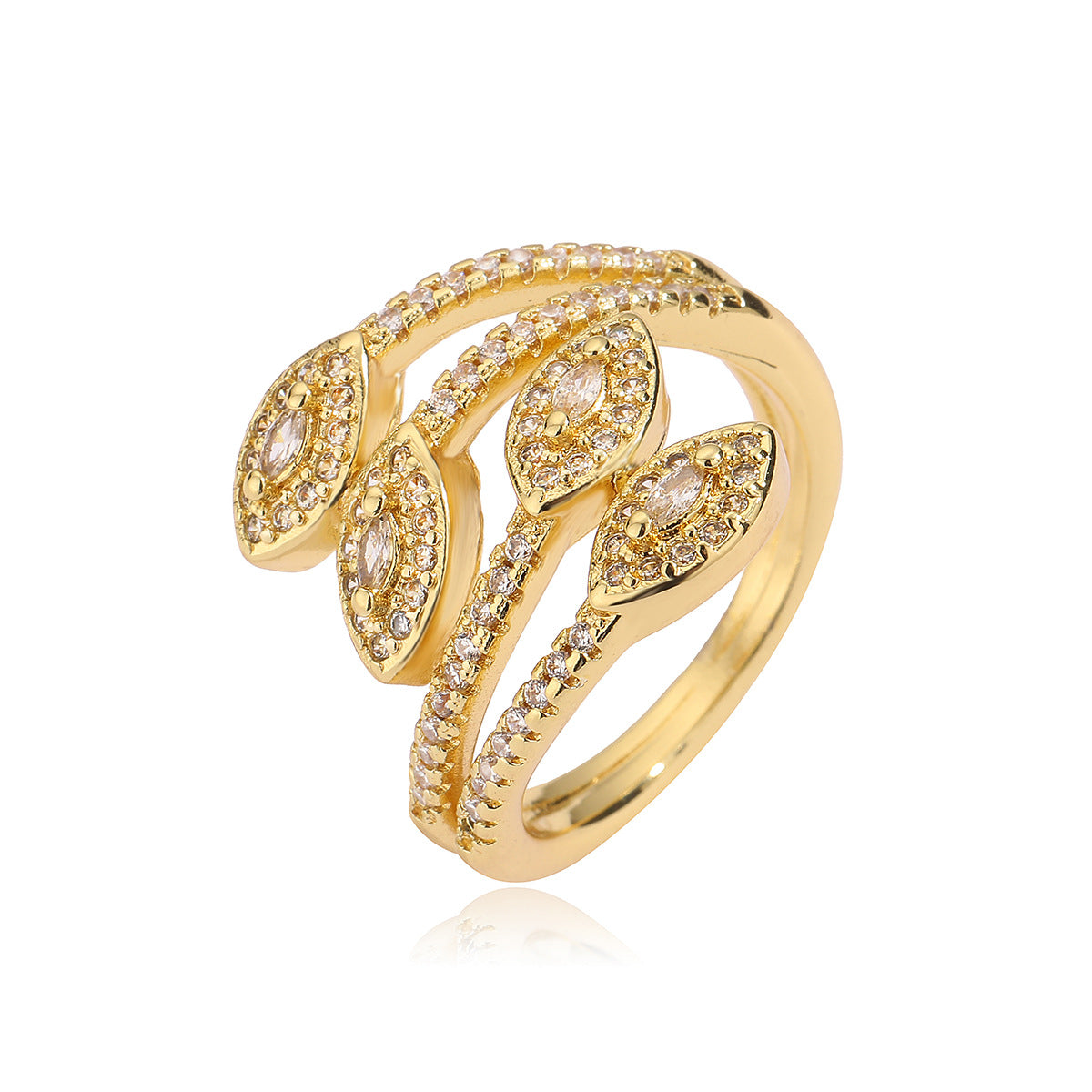 Anello Aperto Geometrico Minimalista da Donna in Ottone Placcato Oro con Intarsi in Zirconi