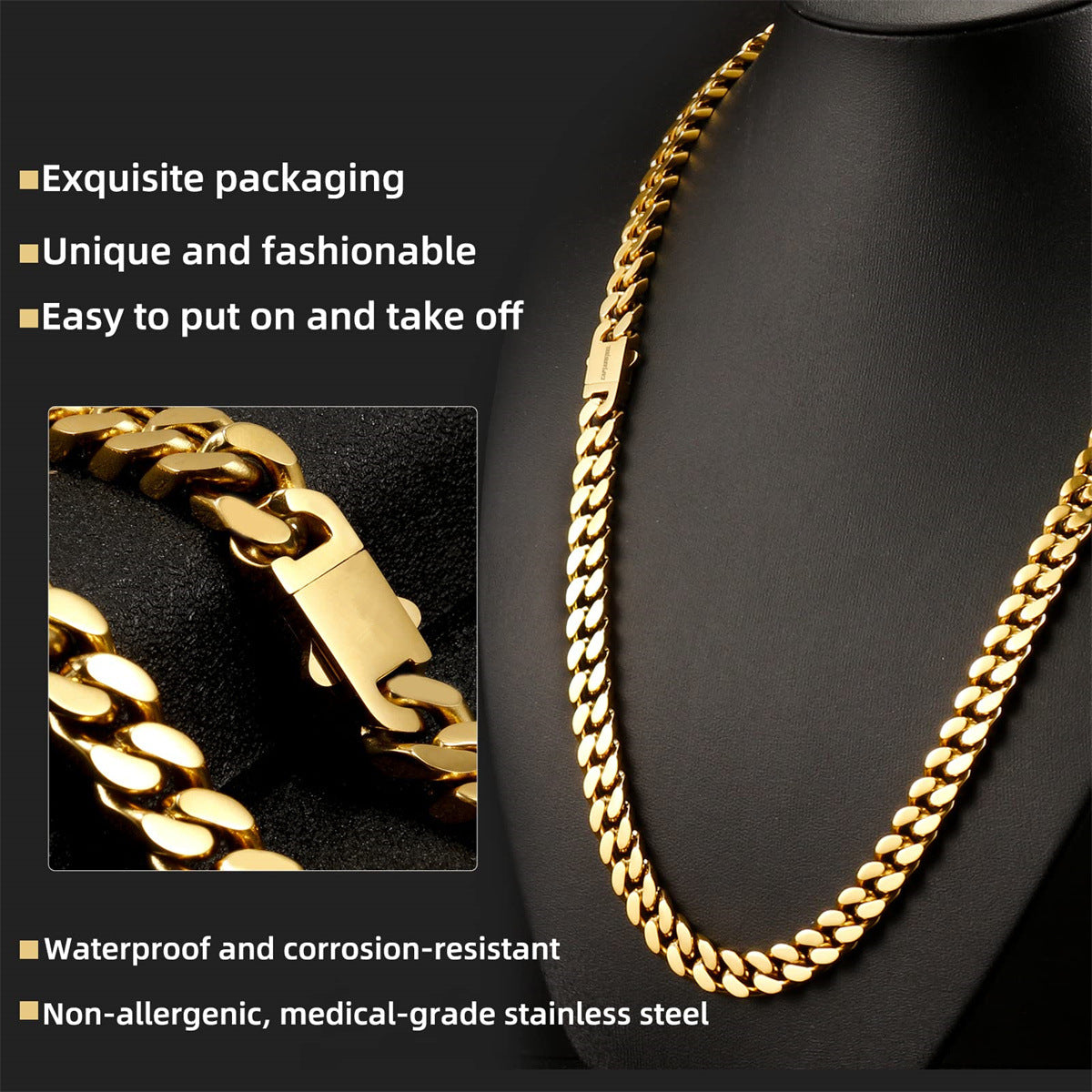 Geometric Miami Cuban Link Necklace for Men and Women in Stainless Steel with Plated Finish