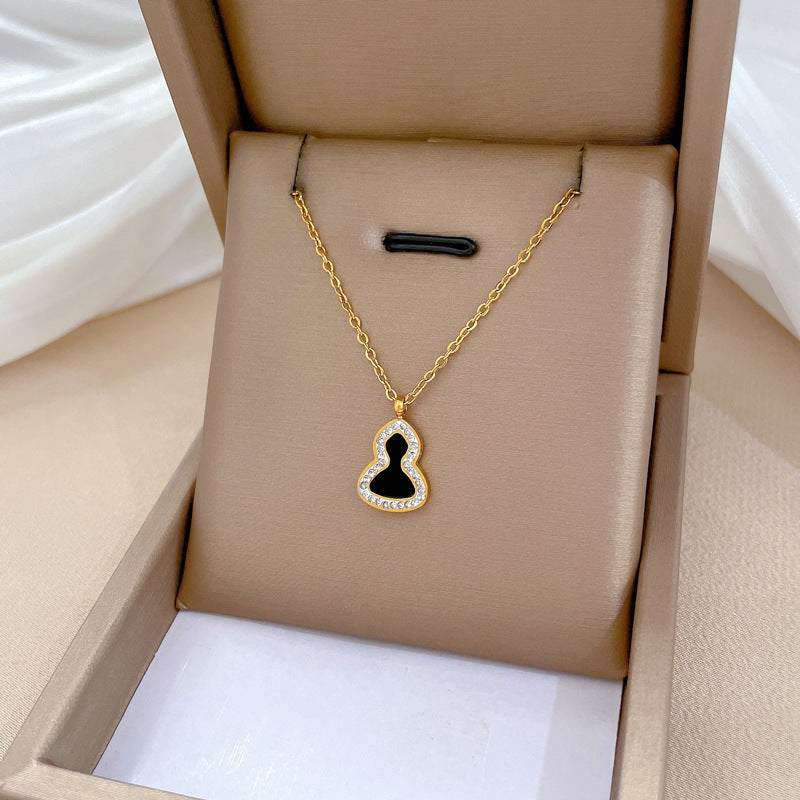 Minimalist Gourd-Shaped Full Rhinestone Titanium Steel Necklace for Women, Gold Plated Clavicle Chain
