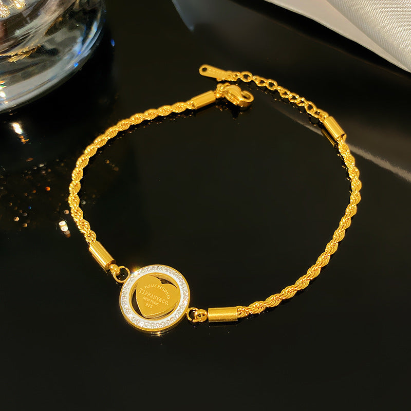 Minimalist Elegant Letter Heart Rhinestone Plated Titanium Steel Rope Chain Bracelet