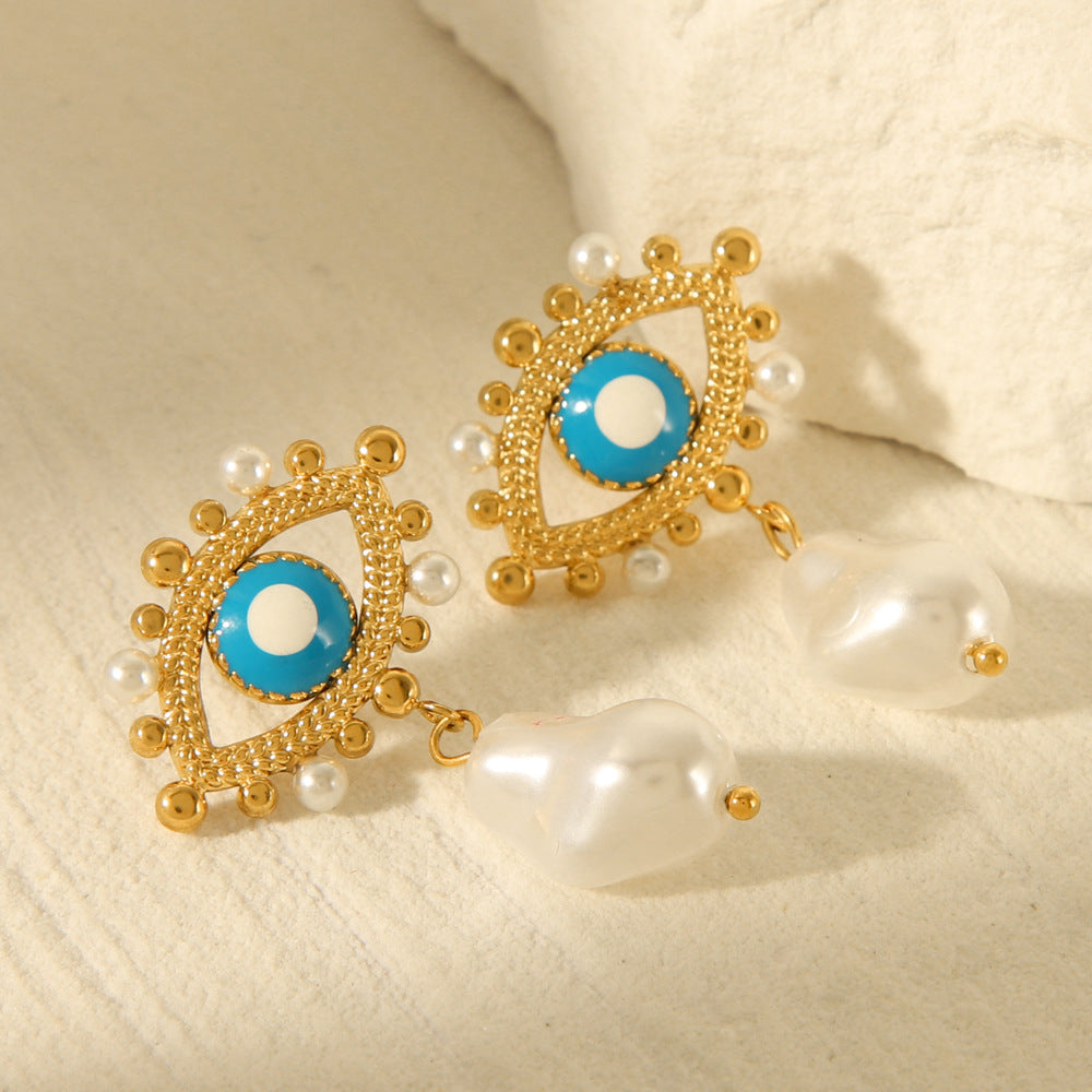 Ins Style Geometric Evil Eye Drop Oil Earrings 18K Gold Plated Stainless Steel with Pearl for Women