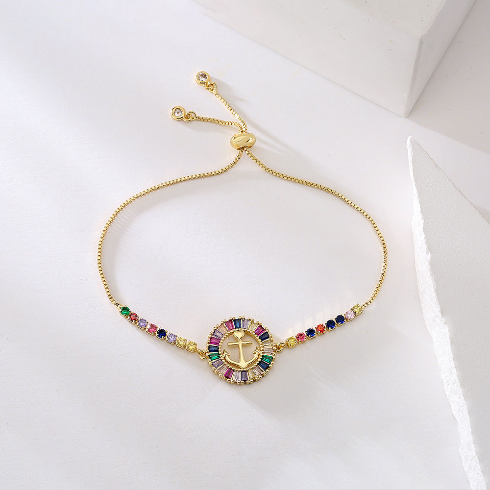INS Style Geometric T-Shaped Cubic Zirconia Bracelet for Women Adjustable Drawstring Brass with 18K Gold Plating