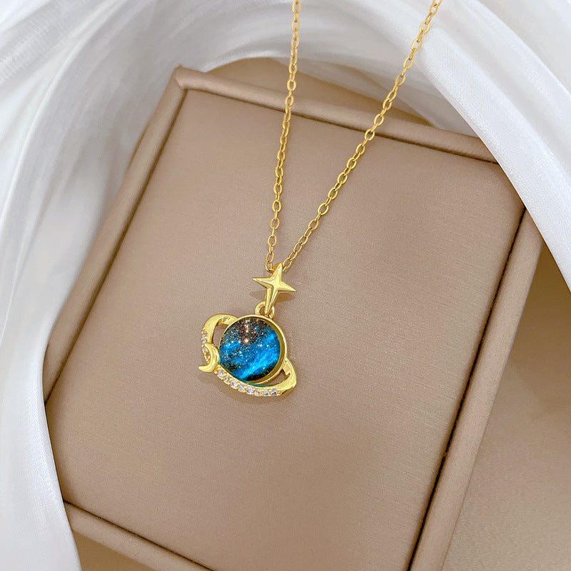 Collana girocollo con pendente minimalista luna e stella, da donna, in acciaio inossidabile, catenina sottile con design geometrico