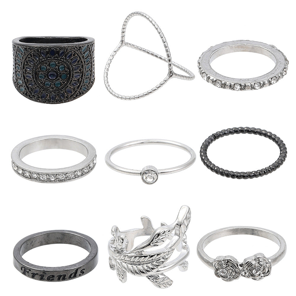 Vintage Bohemian Geometric Butterfly Round Rhinestone Plated Alloy Joint Ring Set