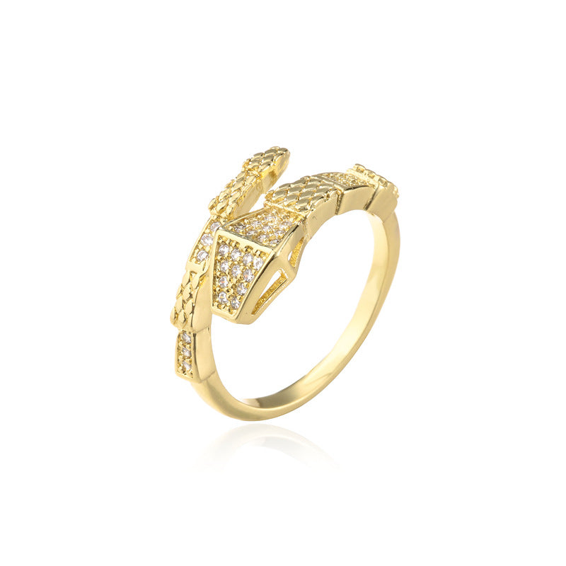 Vintage Bamboo-Style Open Ring with AAA Zirconia Micro-Pavé Setting in Copper Plated with 18K Gold for Women