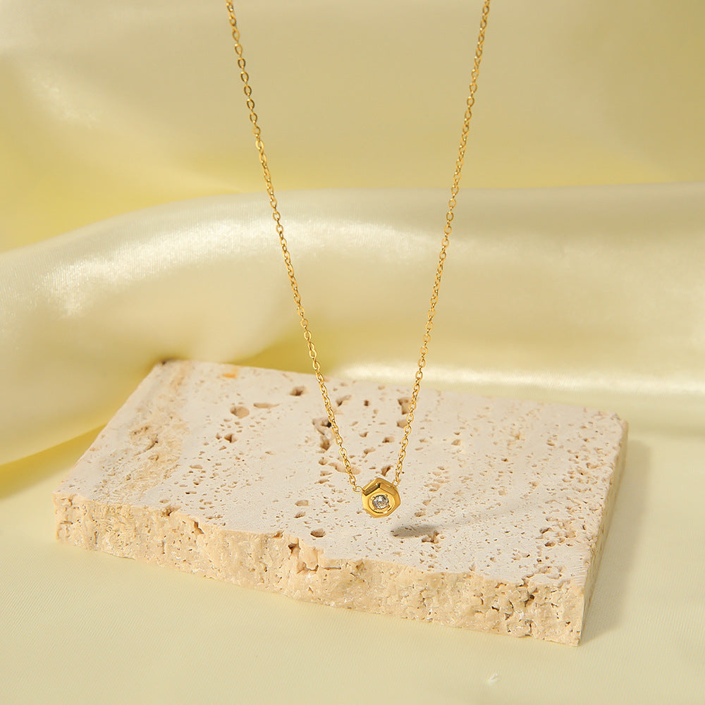 Minimalist Geometric Titanium Steel Pendant Necklace for Women with White Zircon Inlay and 18K Gold Plating