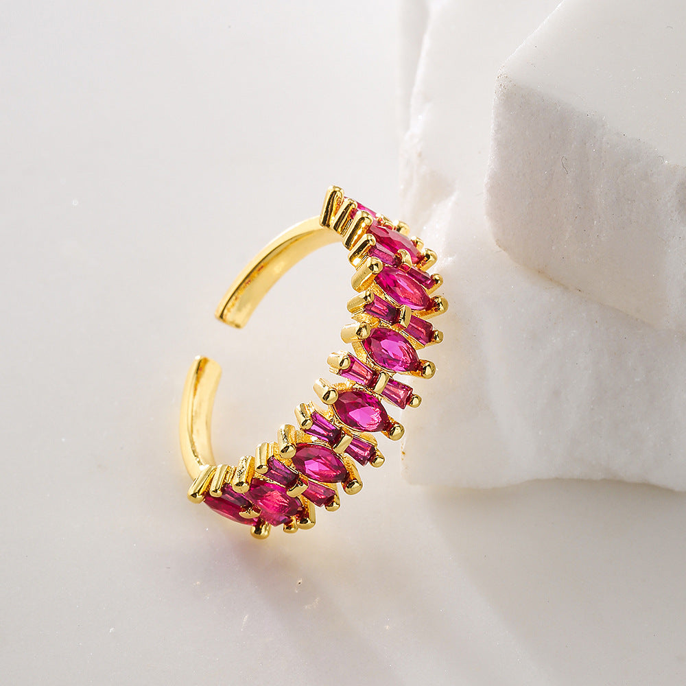 Geometric Open Ring for Women in Copper with 18K Gold Plating and Rainbow Zircon Inlay