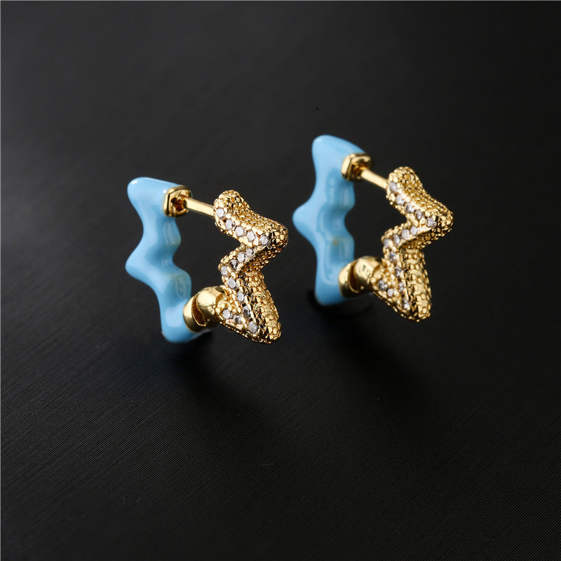 Colorful Drip Oil Cubic Zirconia Star 18K Gold Plated Brass Hoop Earrings for Women
