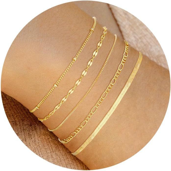 Bohemian Minimalist Geometric Plated Alloy Cuban Link Chain Pearl Bracelet Set for Women