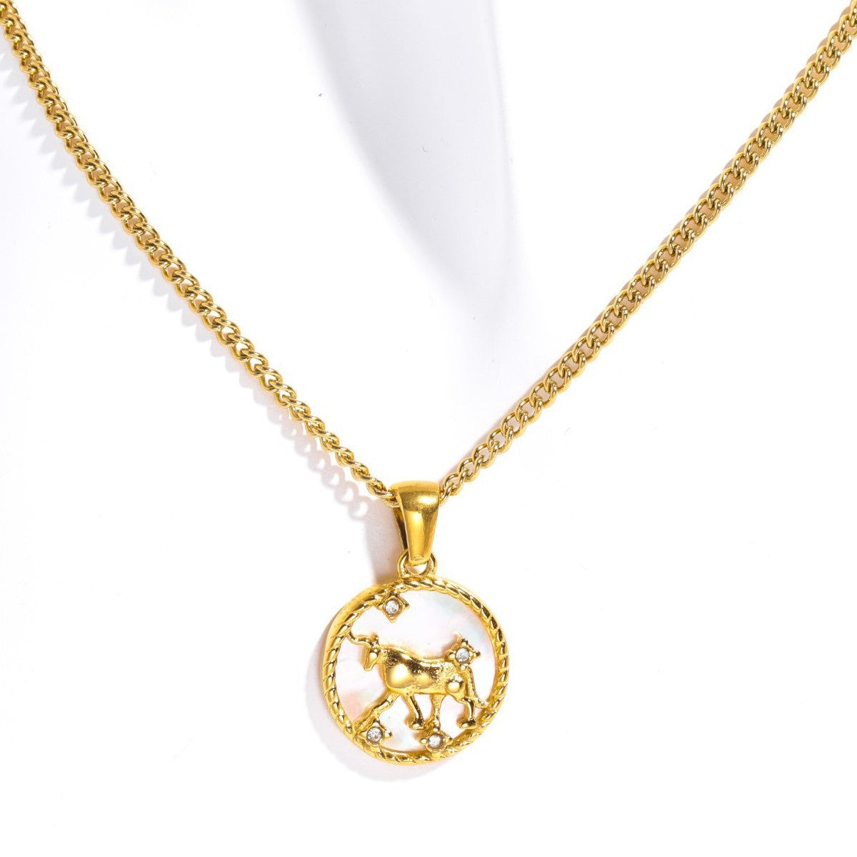 18K Gold Plated Titanium Steel Round Zodiac Coin Necklace PVD Finish Unisex