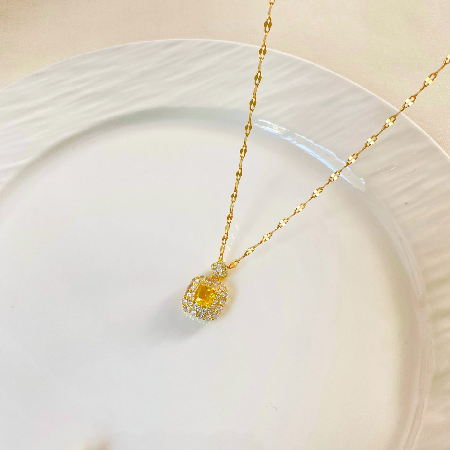 Gold Plated Titanium Steel Square Geometric Necklace and Earring Set with Micro-Inlaid Cubic Zirconia for Unisex