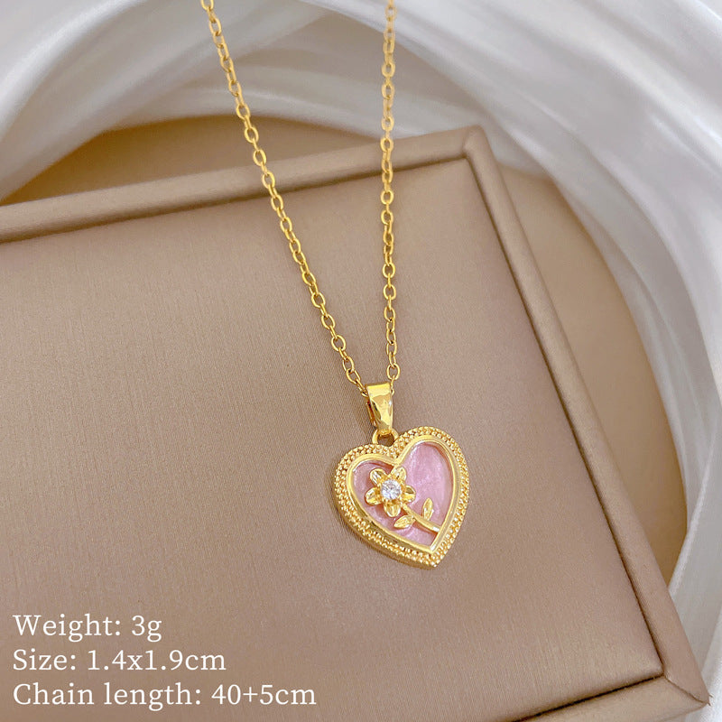 Encantador collar con colgante floral en forma de corazón para mujer, de acero inoxidable, minimalista, elegante, cadena para clavícula con detalles de diamantes de imitación