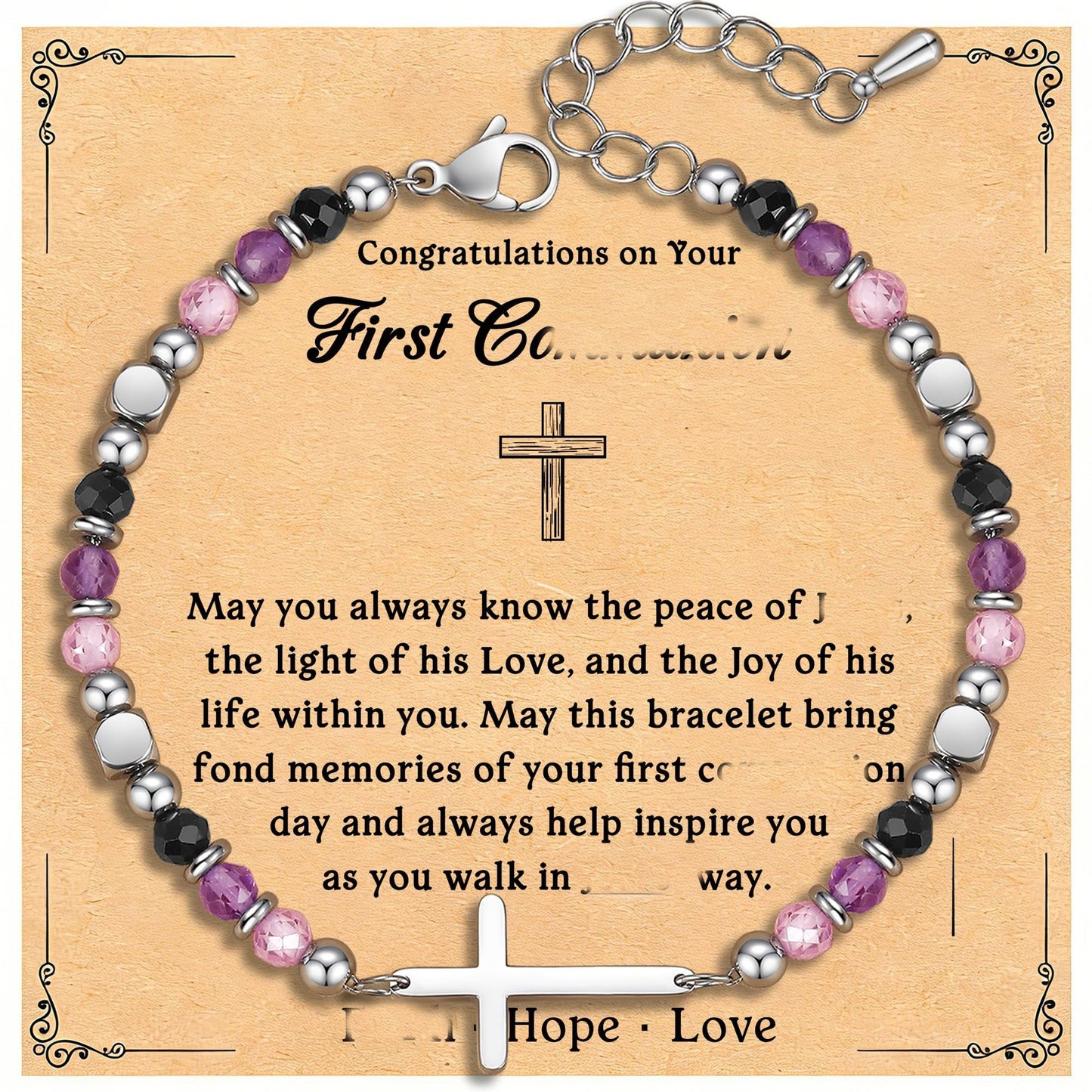 Minimalist Business Geometric Cross Stainless Steel Bracelet with Faceted Amethyst and Rose Quartz Beads Unisex Adjustable