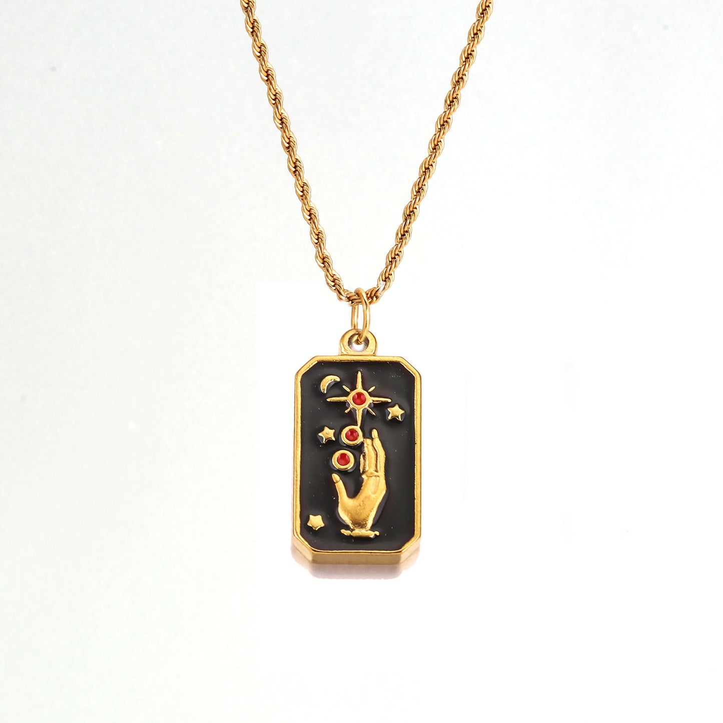 Elegante collar vintage de acero inoxidable con colgante cuadrado de esmalte de tarot con motivos de estrella y sol en cadena trenzada para mujer
