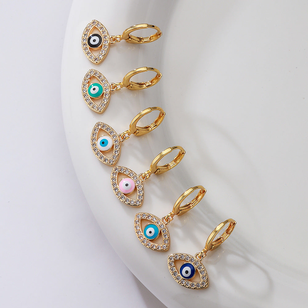 Minimalist Geometric Evil Eye Zircon Earrings for Women with Copper Base and 18K Gold Plating