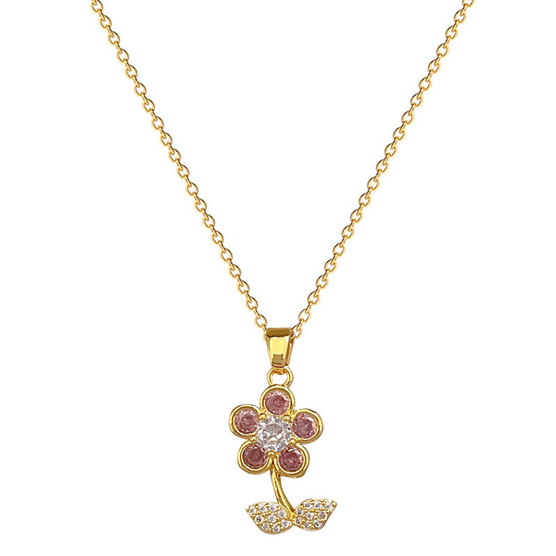 Elegant Five-Petal Leaf Pendant Necklace for Women Stainless Steel Delicate Clavicle Chain with Rhinestone Accents