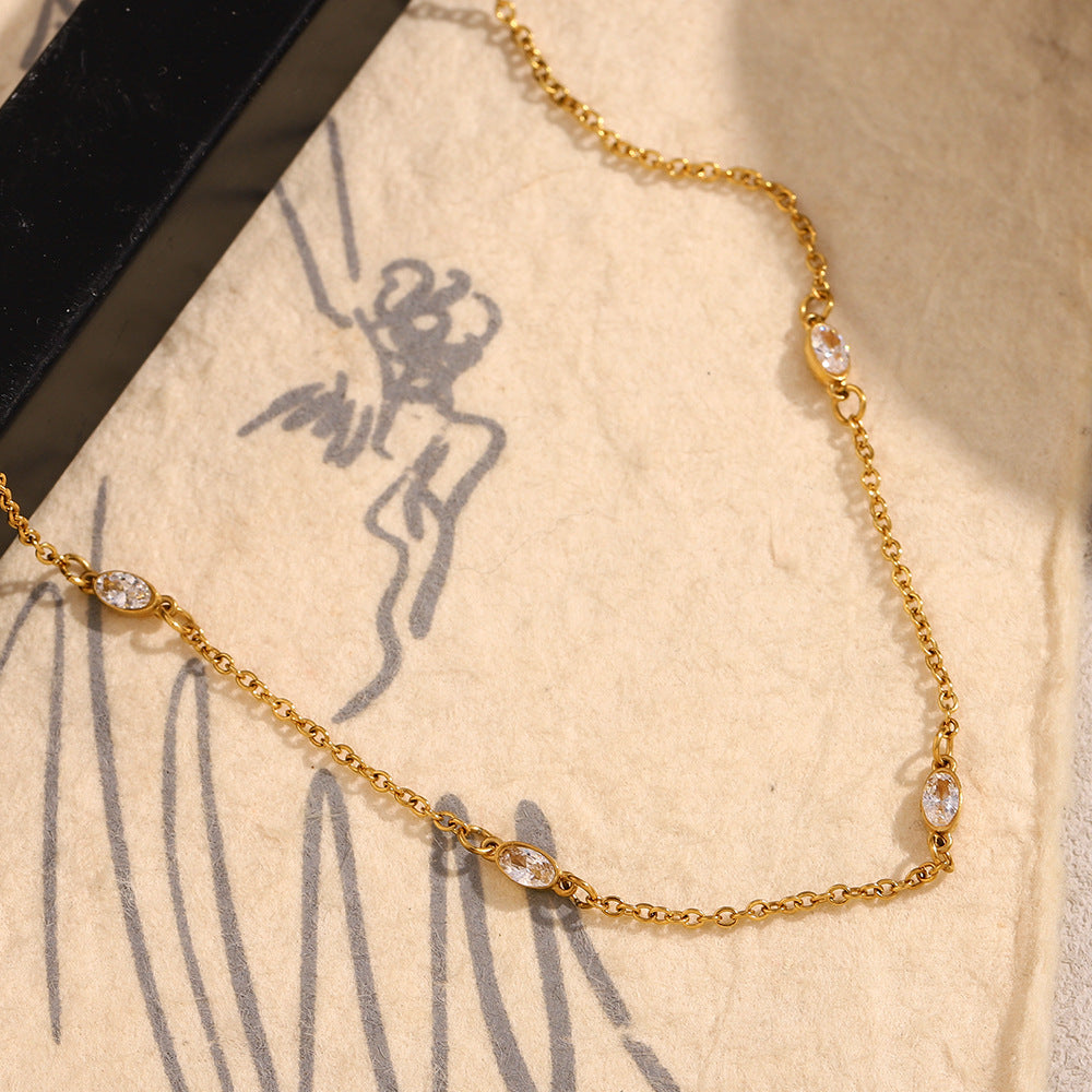 Minimalist Geometric Stainless Steel 18K Gold Plated Horse-Eye Zirconia Necklace for Women