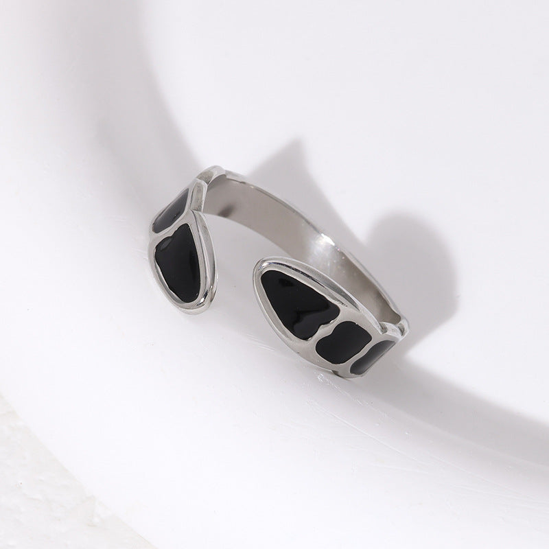 Anillo Abierto Minimalista Geométrico de Acero de Titanio con Acabado de Esmalte para Mujer, Banda de Estilo de Lujo Elegante y Versátil