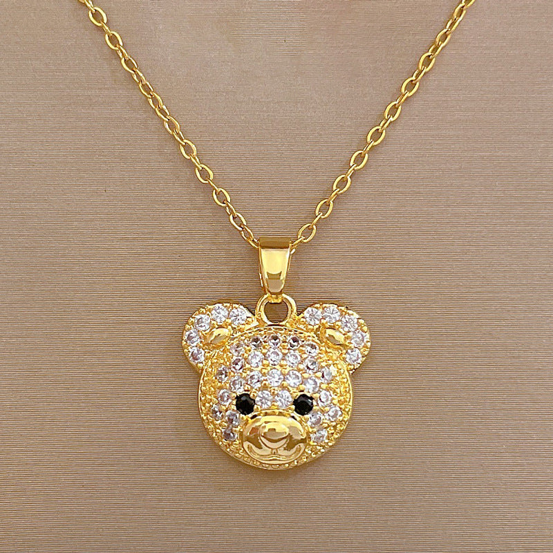 Collana con Ciondolo Orsetto Geometrico in Acciaio al Titanio di Lusso per Donna con Intarsio di Strass, Catena a Serpente Regolabile da 21-50 cm, Gioielli Delicati per Clavicole