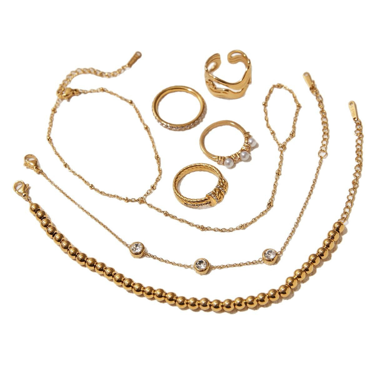 Minimalist Elegant Geometric Titanium Steel Plated Ring and Curb Chain Bracelet Set with Cubic Zirconia and Pearl for Women