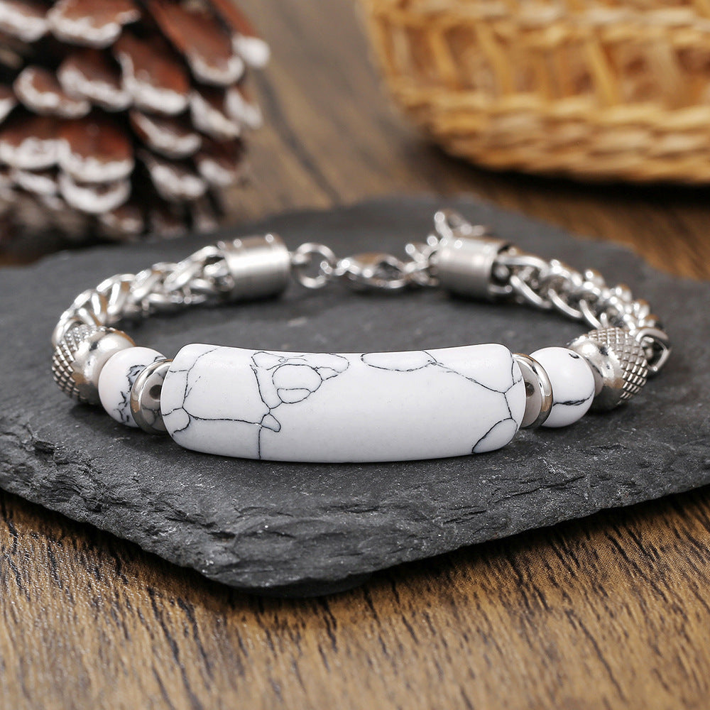 Geometric Stainless Steel Bracelet with Natural Agate and Turquoise Beads for Men and Women