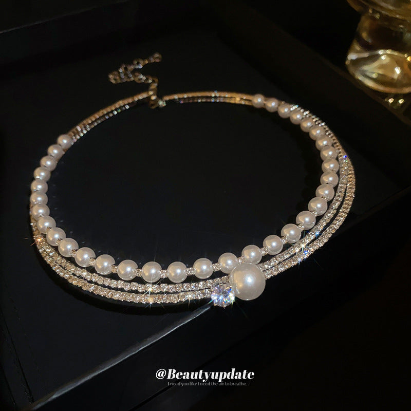 Elegante collar Gargantilla Multicapa con Perlas Geométricas Redondas para Mujer