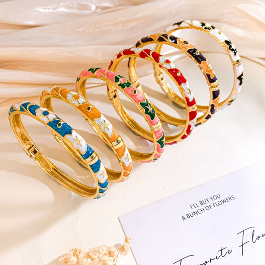 Bracciale rigido da donna in lega con strass intarsiati a olio, smalto floreale vintage ed elegante