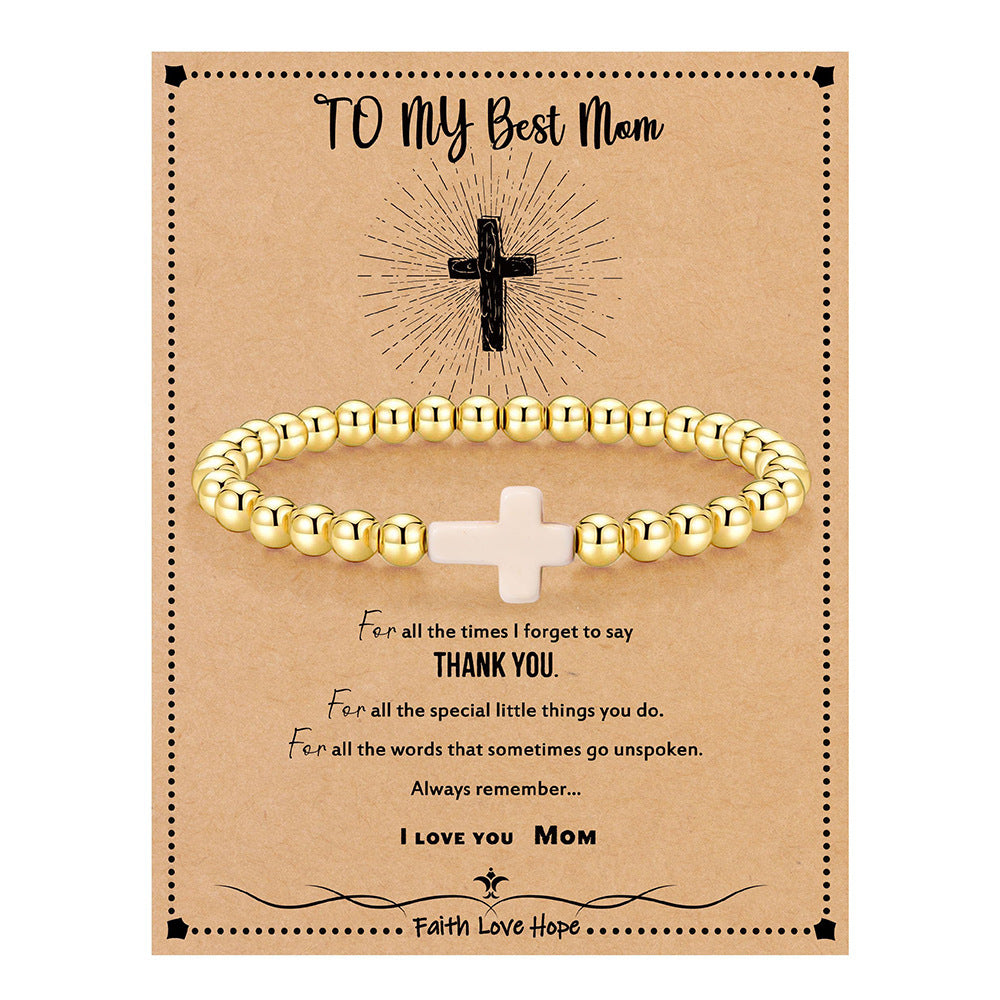 14K Gold Plated Hematite Bead Bracelet with Cross Pendant for Women