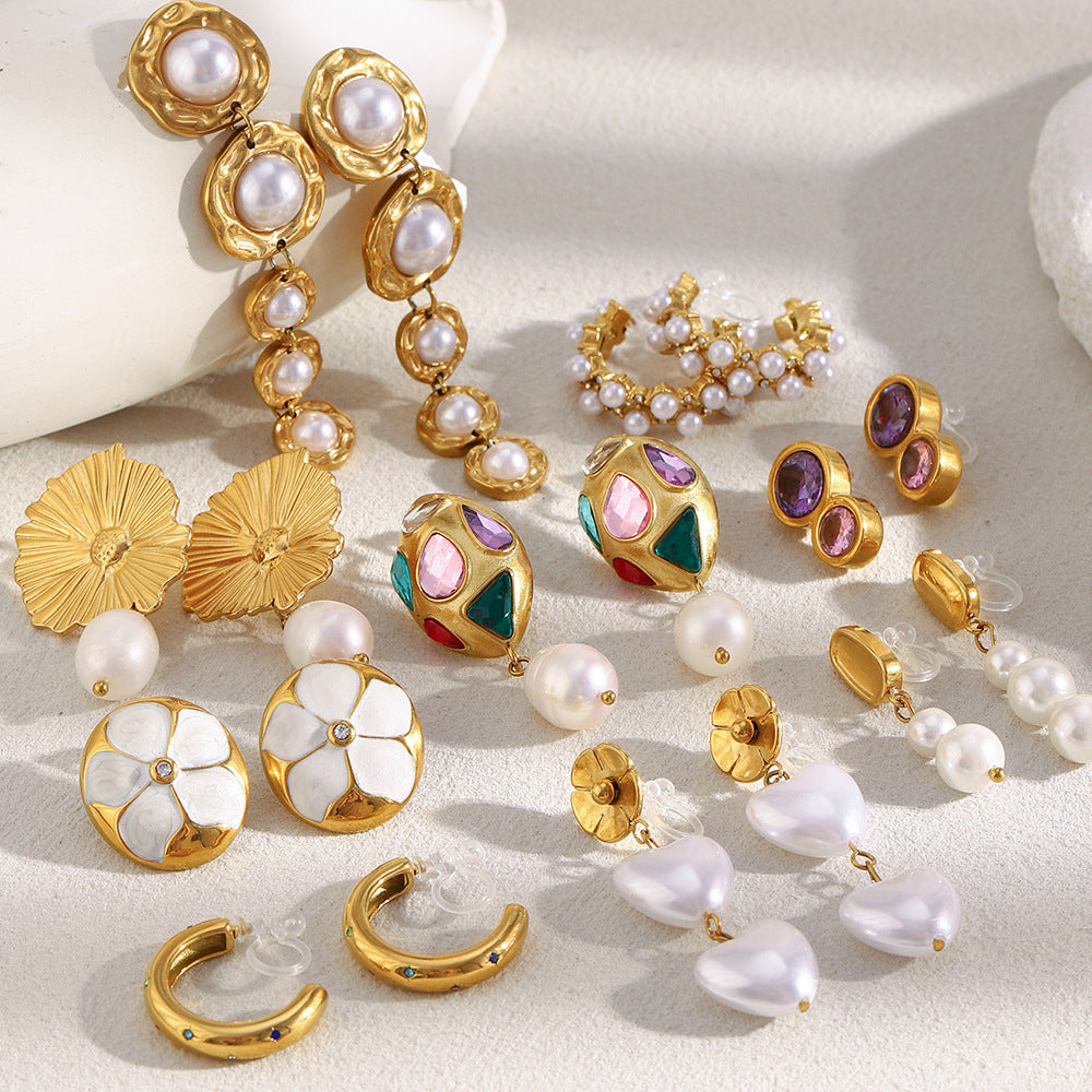 Fashionable Geometric Stainless Steel Plated 18K Gold Zircon Flower Pearl Clip-On Earrings for Women