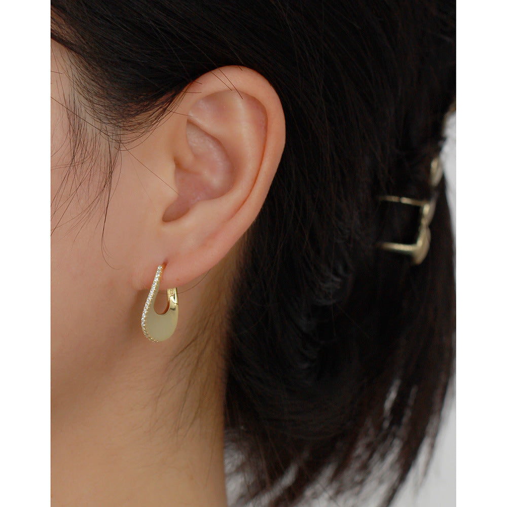 Elegant 925 Sterling Silver Geometric Inlay Diamond U-Shaped Hoop Earrings for Women
