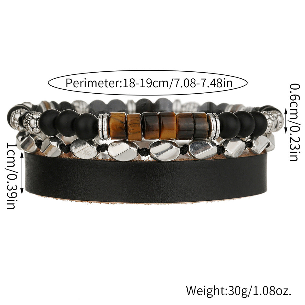 Hip-hop Men's Matte Leather Bracelet with Round Tiger's Eye and Agate Beads