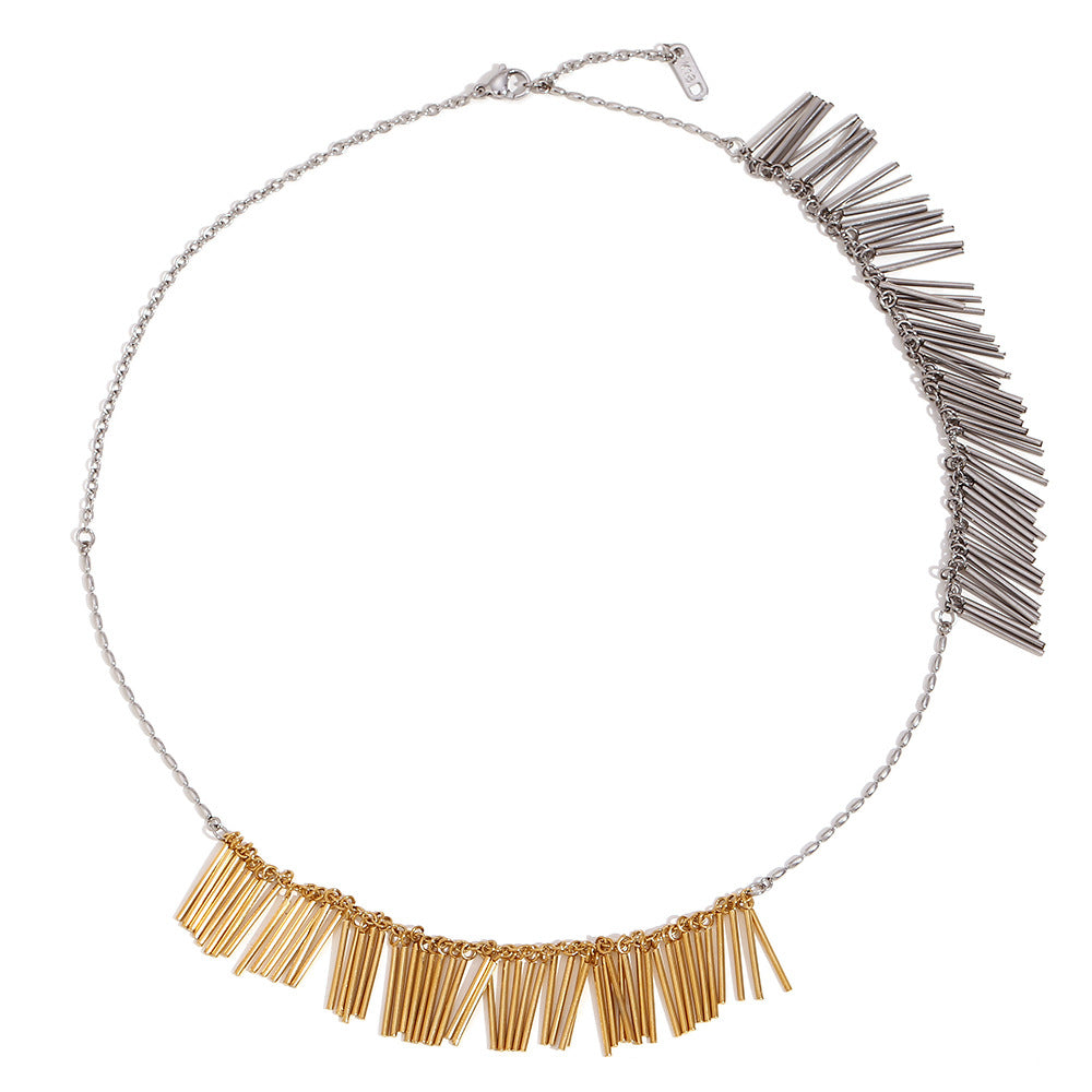 Minimalist Geometric Stainless Steel Pendant Necklace with 18K Gold Plating and Dual-Tone Tassel Detail for Women
