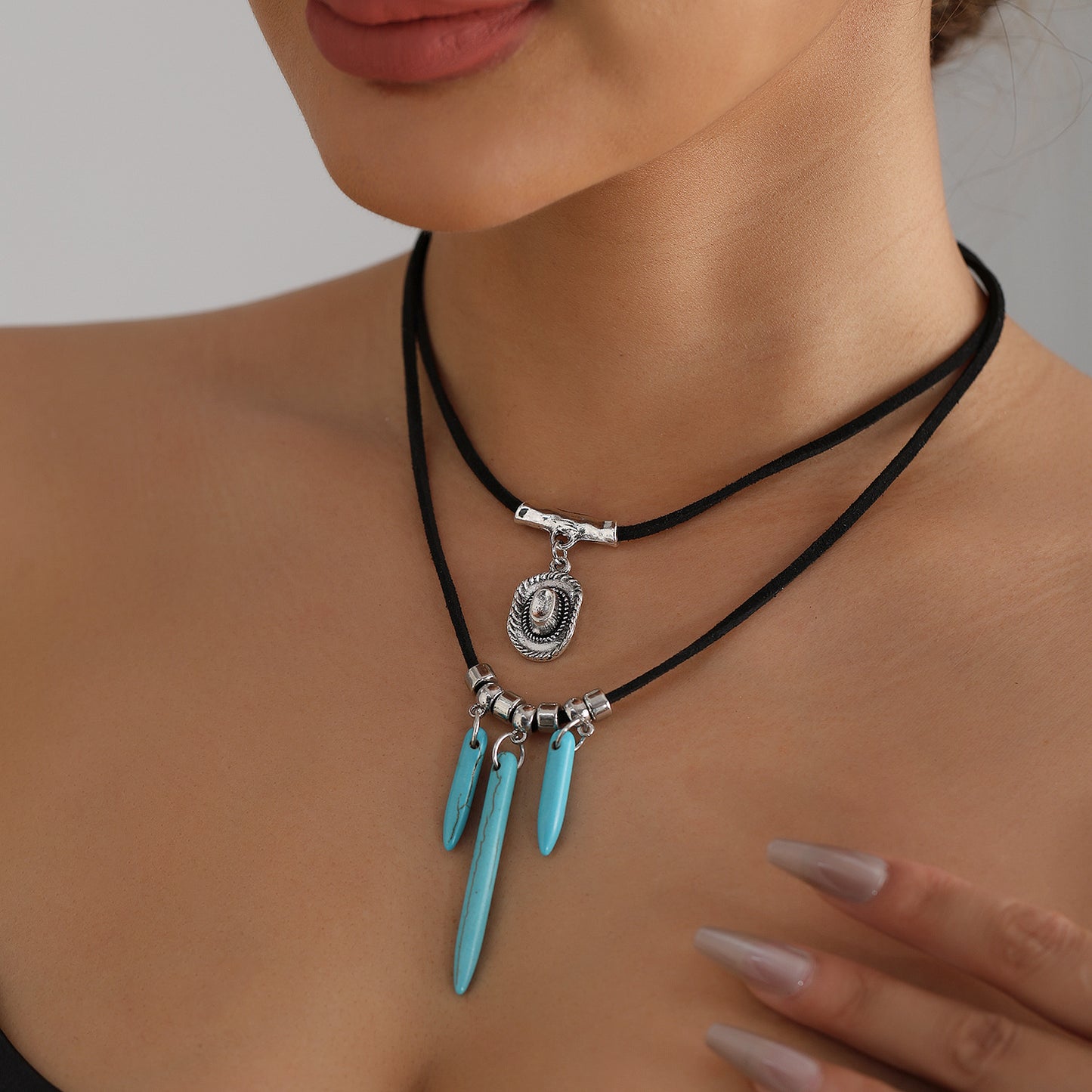Vintage Bohemian Geometric Heart Turquoise Inlay Alloy Plated Multi-layer Necklace for Women