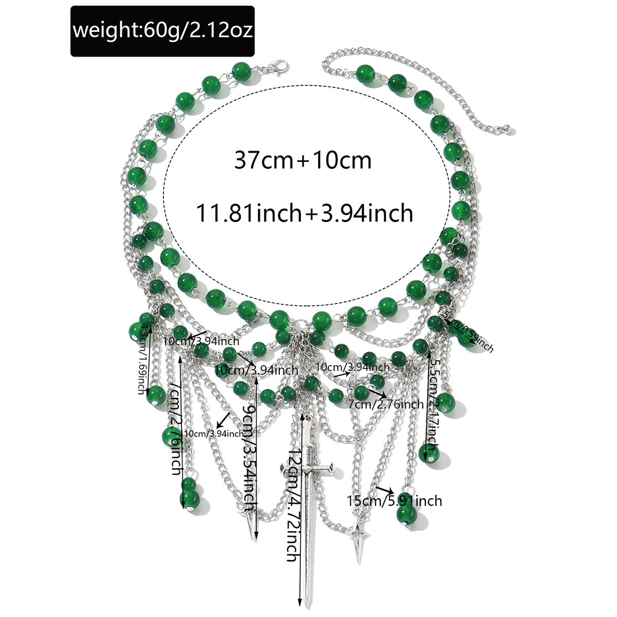 Collar gótico vintage de borlas en capas con cuentas verdes en colgante geométrico, Gargantilla artesanal para mujer
