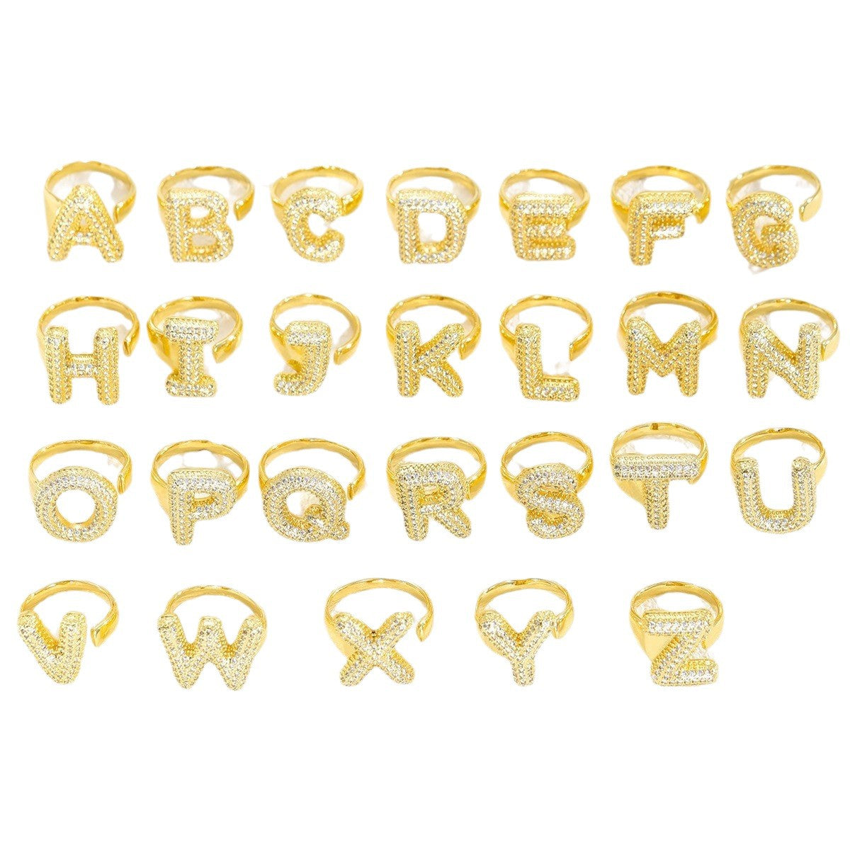 Sweet Plated Brass Letter Ring with Cubic Zirconia Adjustable Open Ring for Women and Men