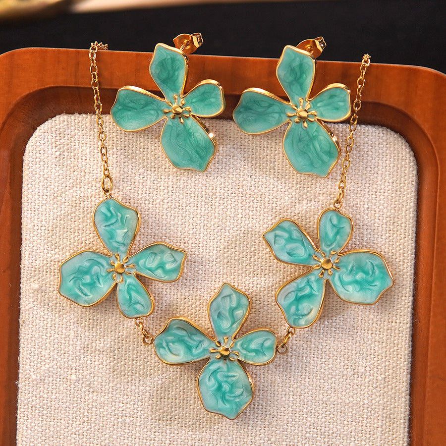 Set collana e orecchini in acciaio inossidabile da donna, con goccia d'olio floreale, dolce e minimalista