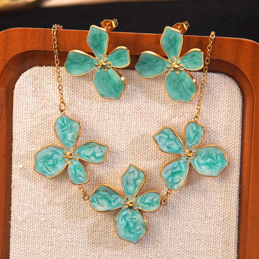 Sweet Minimalist Drip Oil Floral Stainless Steel Necklace and Earring Set for Women